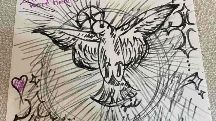 A drawing of a dove, left by two young visitors to Ottery church
