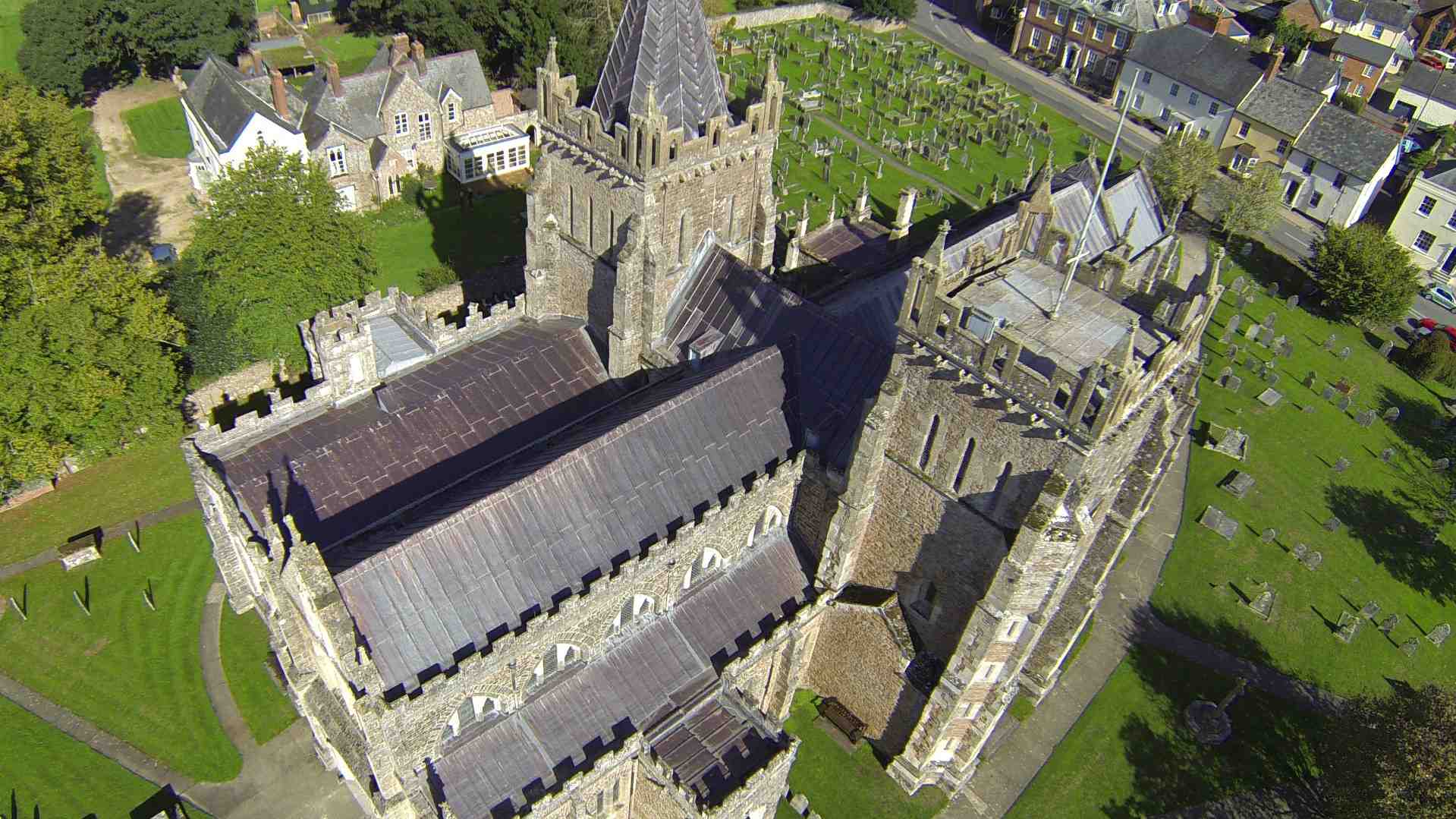 An aerial view of the roof of Ottery St Mary Parish Church